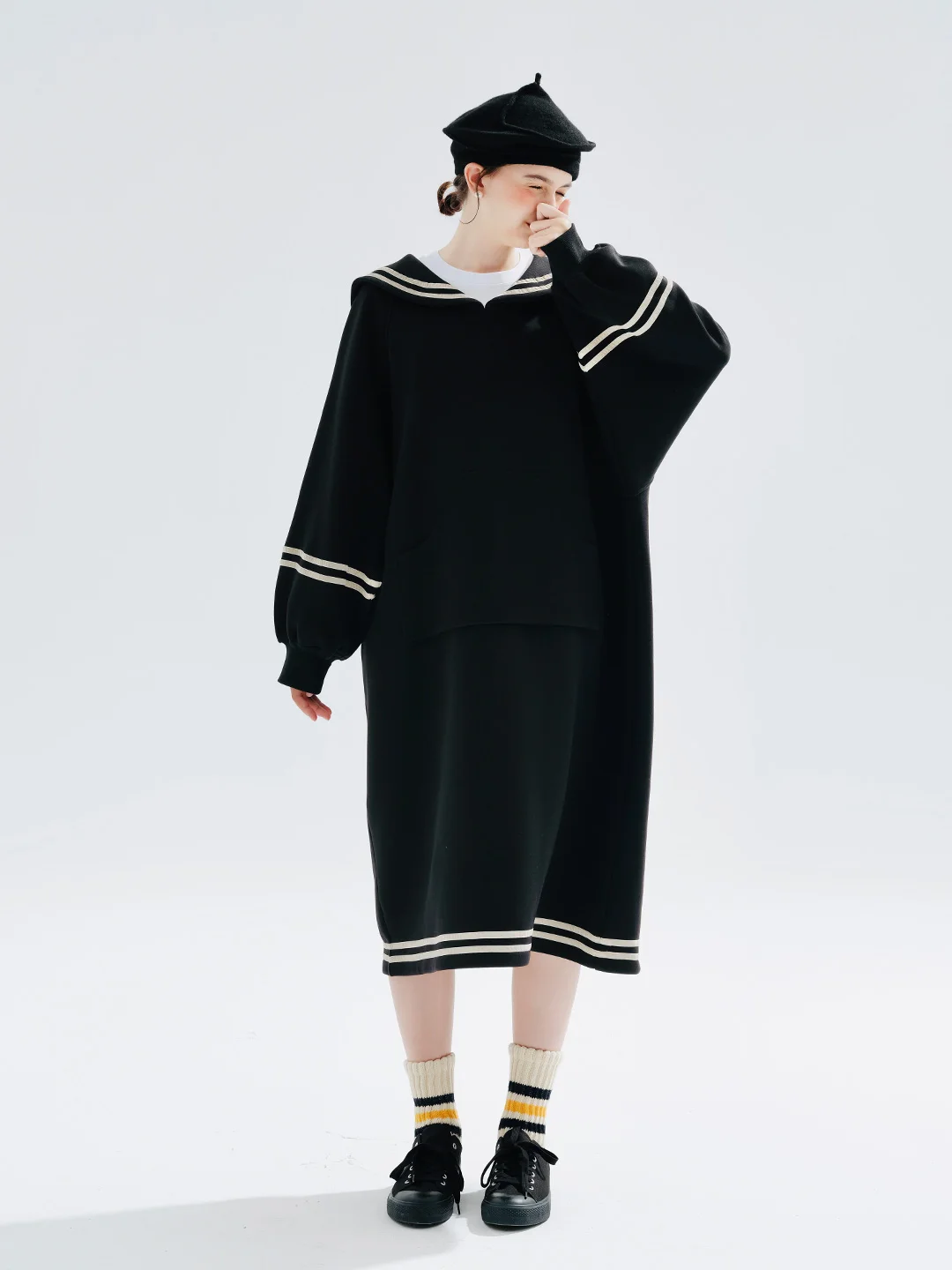 Top Trends: Imakokoni 2023 Autumn New Original Cotton Navy Collar Long Sleeve Black Hoodie Dress 234271 Shoppable Styles