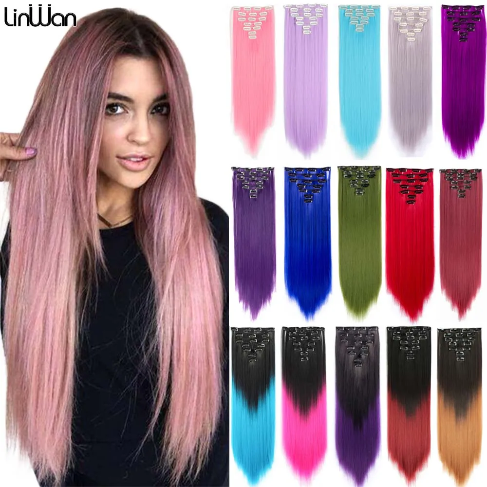 Top Trends: Synthetic Long Straight Hair 16 Clips 140G Extensions Clips In High Temperature Fiber Black Brown Pink Hairpiece Linwan Shoppable Styles