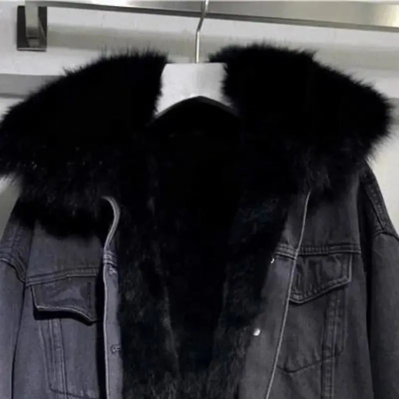 Top Trends: Winter Women Warm Basic Coat Big Fur Collar Denim Jacket Female Cold Motorcycle Jackets Outerwear Fleece Thick Casual Overcoat Shoppable Styles - Image 5