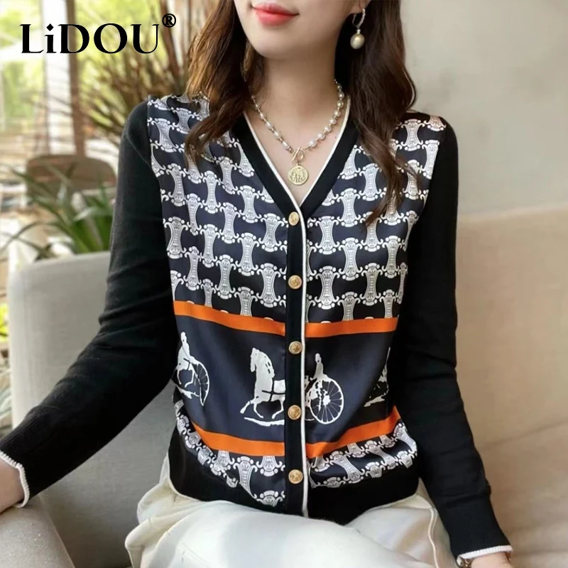 Top Trends: 2023 Spring Autumn New Fashion Printing Long Sleeve Sweater Women Clothing Elegant Chic Multicolor Button V-neck Casual Cardigan Shoppable Styles