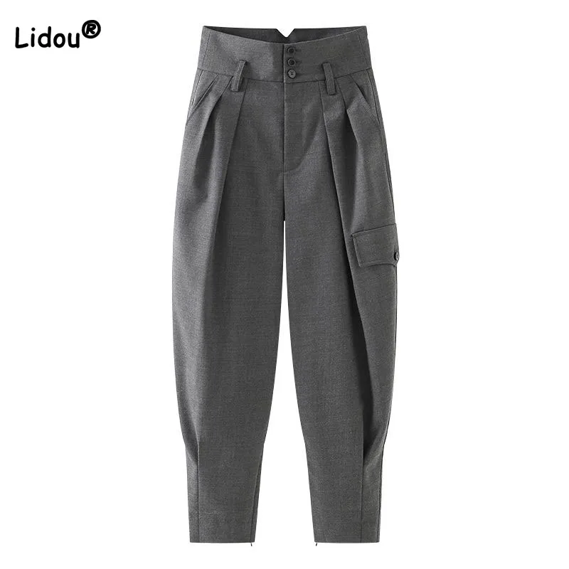 Top Trends: Female Fashion Korean Solid Color Harem Pants Spring Autumn Women&#039;s Clothing All-match Commute Button Spliced High Waist Pants Shoppable Styles