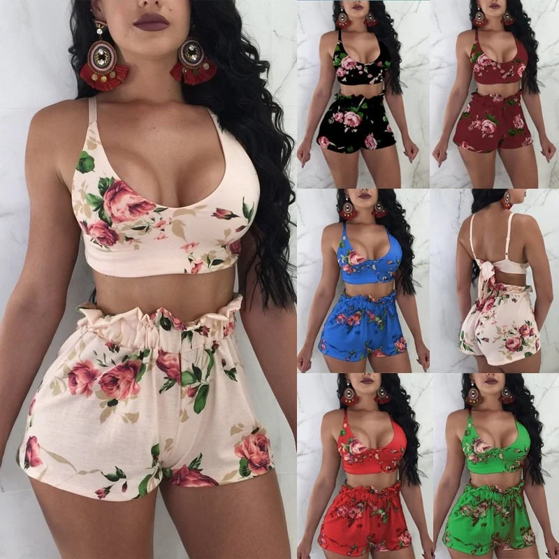 Top Trends: Spring Green Leaf Print Shorts Suits High Street Holiday Crop Blouse Top And A-line Shorts Women Sets Beach Sexy Sets Shoppable Styles