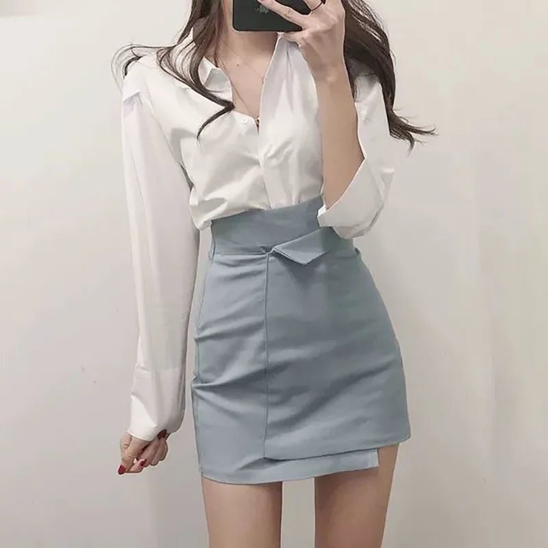 Top Trends: Spring / Summer 2022 Two Piece Set Female New Fashion Outfits For Women Shirt+ High Waist A-line Irregular Skirt Korean Office Suit Shoppable Styles