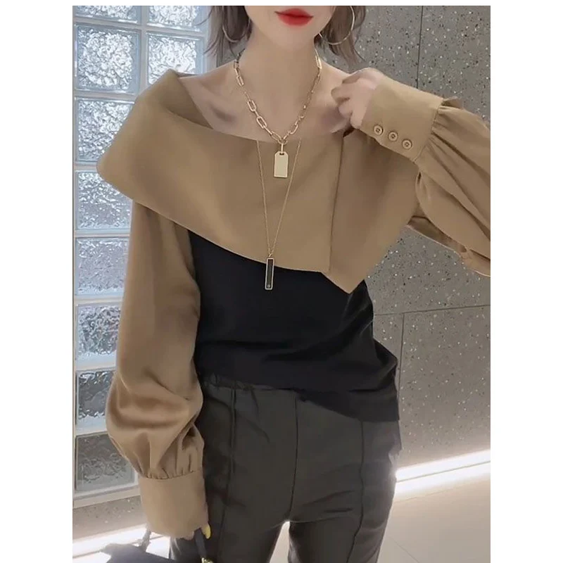 Top Trends: Fashion O-Neck Spliced Asymmetrical Blouses Women's Clothing 2023 Autumn Winter Loose Casual Pullovers Lantern Sleeve Shirts Shoppable Styles - Image 2