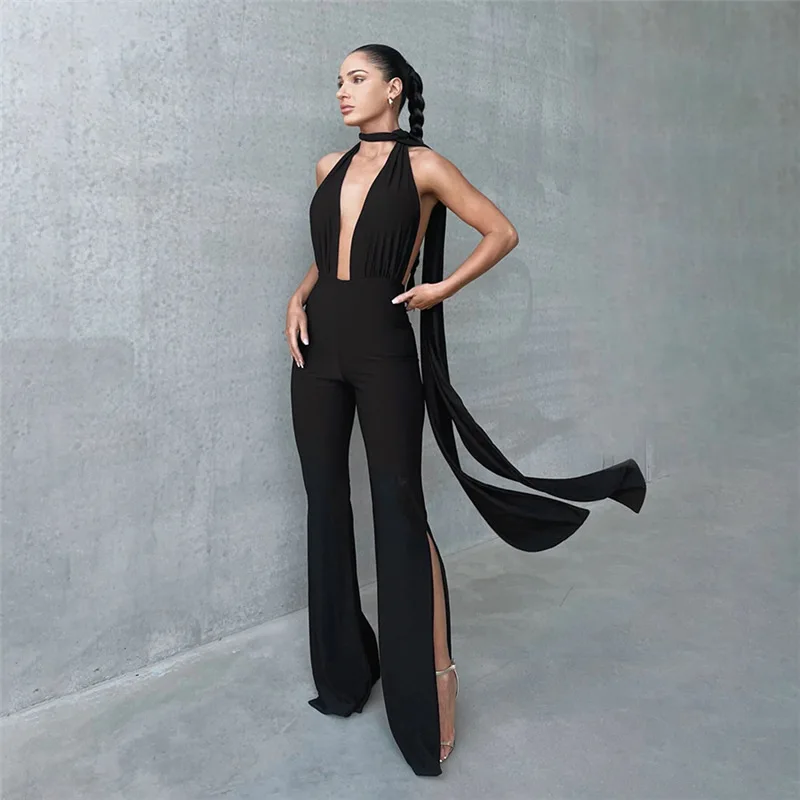 Top Trends: Deep V Wrap Around Halter Sexy Backless Flare Pants Jumpsuits Fashion Outfits For Women One-Piece Rompers Overalls Shoppable Styles