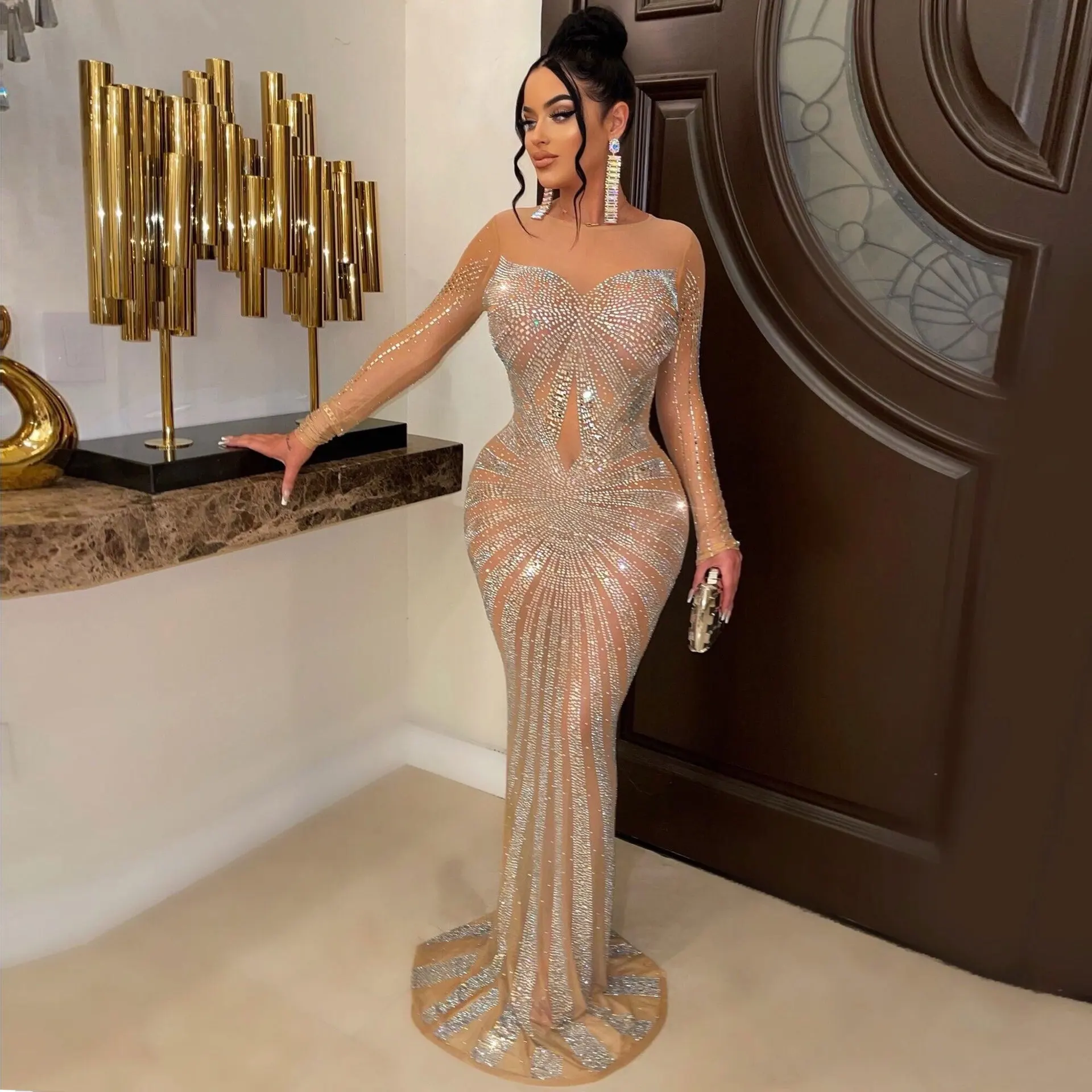 Top Trends: Sexy Rhinestone Crystal Mesh See Through Maxi Dress New Women Long Sleeve Birthday Night Clubwear Long Dress Wedding Party Dress Shoppable Styles