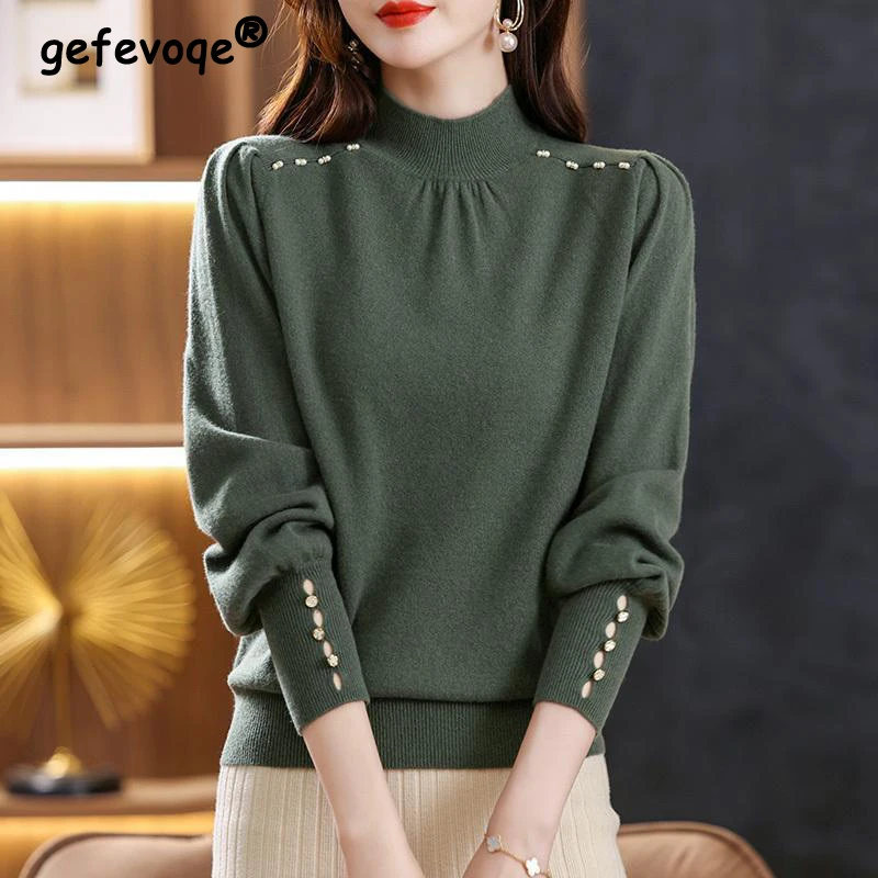 Top Trends: Korean Fashion Half High Collar Elegant Chic Beads Knitted Sweater Women Fall Winter Loose Long Sleeve Solid Pullover Top Jumper Shoppable Styles