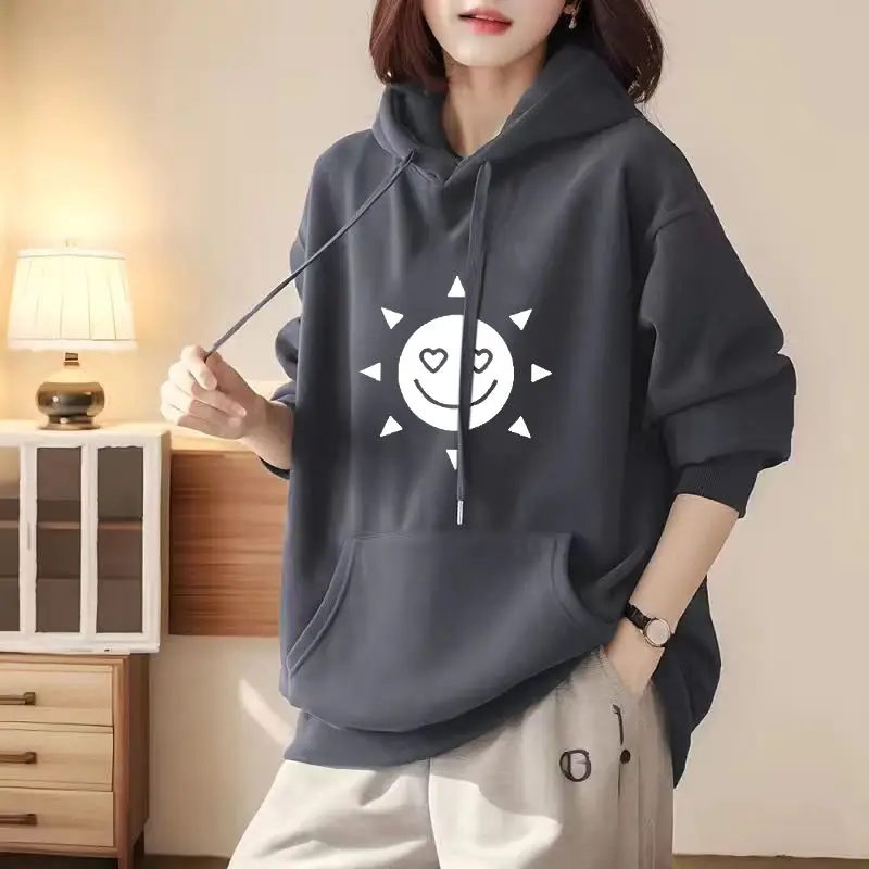 Top Trends: Autumn Winter Loose Casual Printed Cotton Hoodies Female Oversized Fashion All-match Pocket Top Women Drawstring Hooded Pullover Shoppable Styles