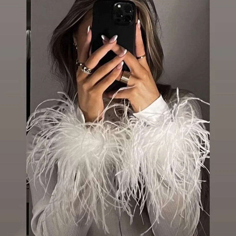 Top Trends: 2pcs Real Fur Ostrich Feather Cuffs Snap On Bracelet Women Feathers Wrist Sleeve Decoration Plume Cuff Blazer Elegant Shoppable Styles