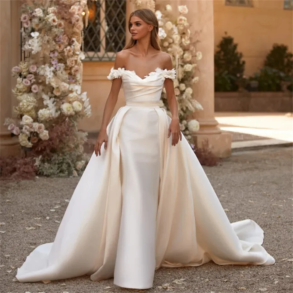 Top Trends: Ivory Mermaid Wedding Dresses Detachable Train Off Shoulder 3D Flowers Bride Dress Satin Overskirt Wedding Gowns Plus Size Shoppable Styles