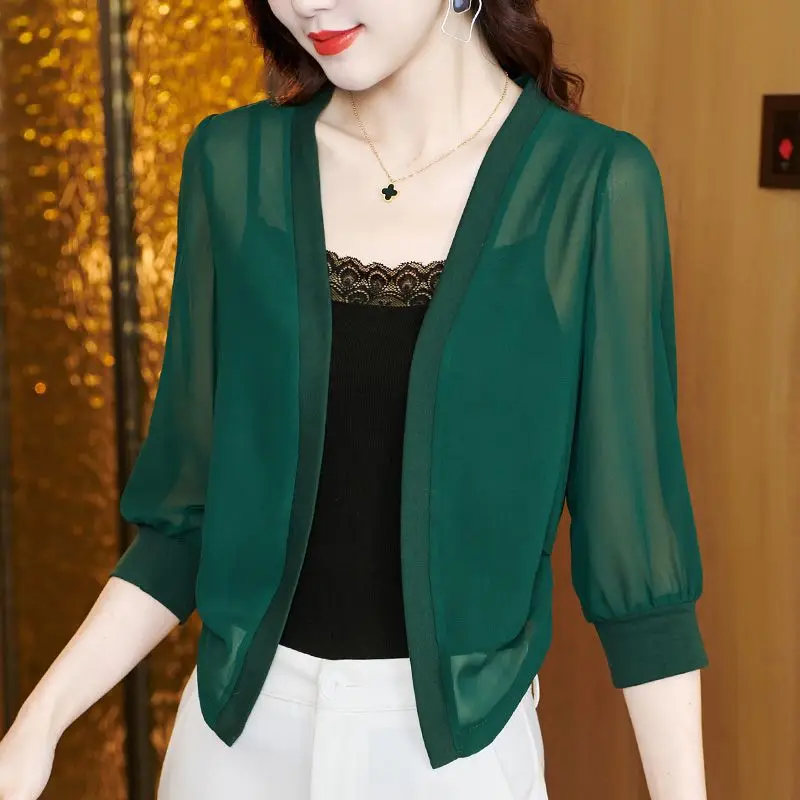 Top Trends: Spring Summer Women Cardigan Sunscreen Chiffon Shirt 3 / 4 Sleeve All-match Vintage Solid Temperament Fashion Short Casual Coats Shoppable Styles