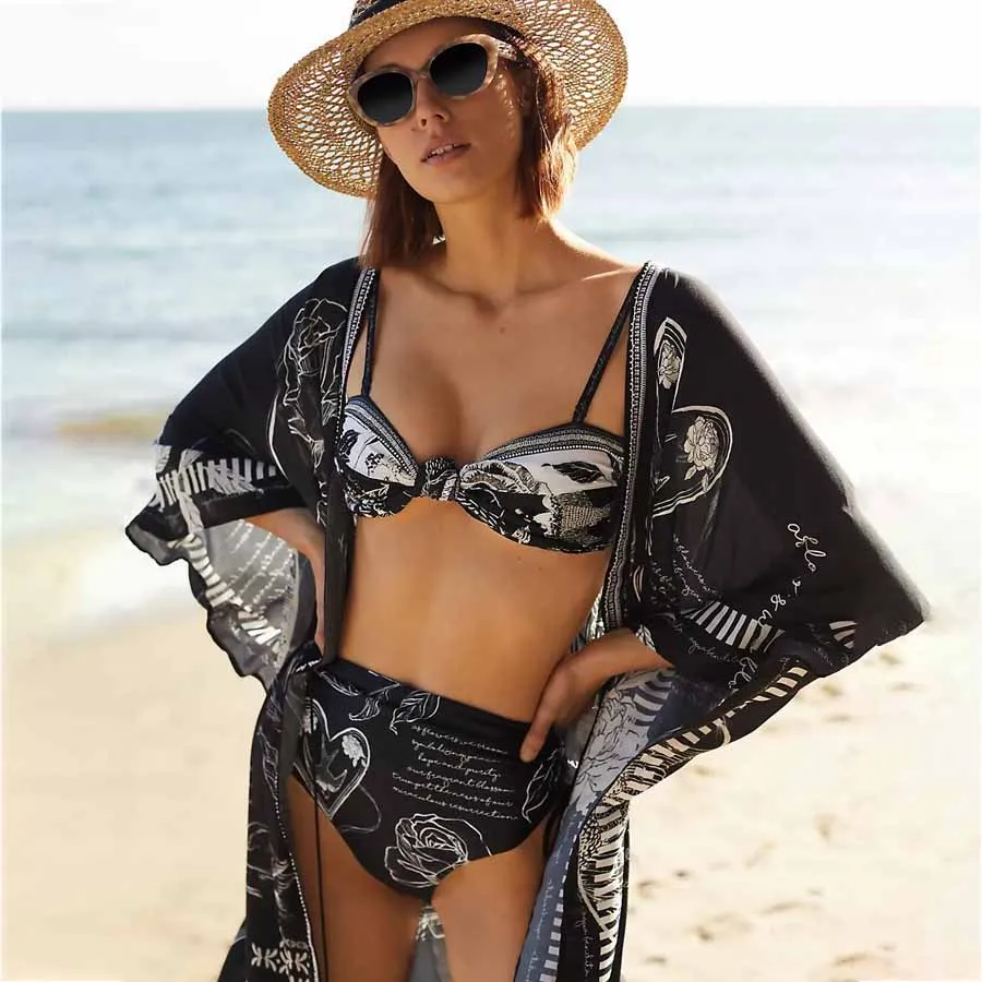 Top Trends: 2023 Women Fashion Printed Bikinis Black Bohemian Embroidered Half Sleeve Cover Up Elegant Beach Swimsuits Bathing Suit Swimwear Shoppable Styles