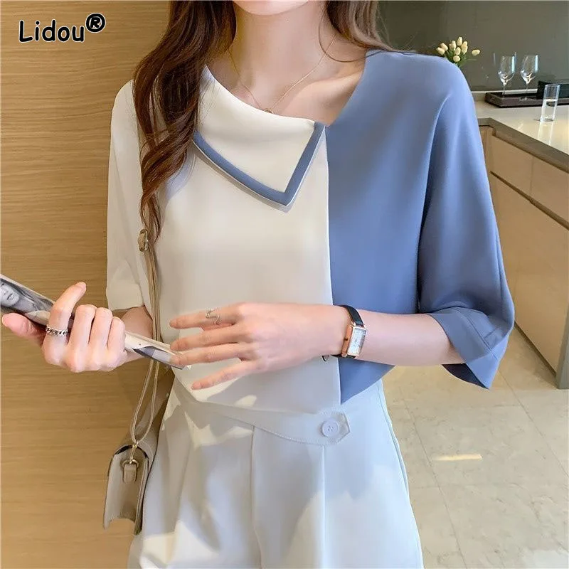 Top Trends: Premium Thin Chiffon Patchwork Office Lady Slim Women Shirt Spliced Skew Collar Temperament Pullover Summer Women's Clothing Shoppable Styles