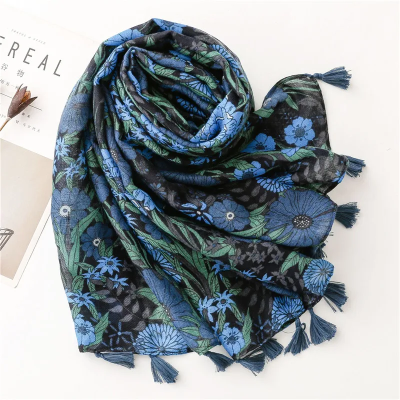 Top Trends: Aztec Abstract Navy Blue Floral Tassel Viscose Shawl Scarf High Quality Print Soft Foulards Bufandas Muslim Hijab Sjaal 180*90Cm Shoppable Styles - Image 3