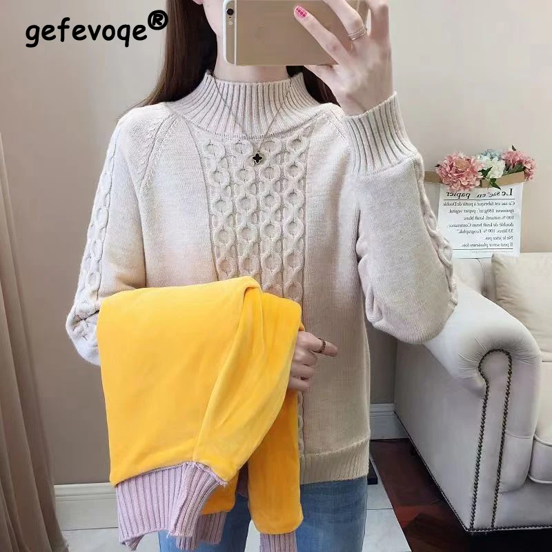 Top Trends: Autumn Winter Half High Collar Solid Color Sweater Female Thick Warm Jumpers Women&#039;s Add Velvet Bottoming Knitting Pullover Top Shoppable Styles