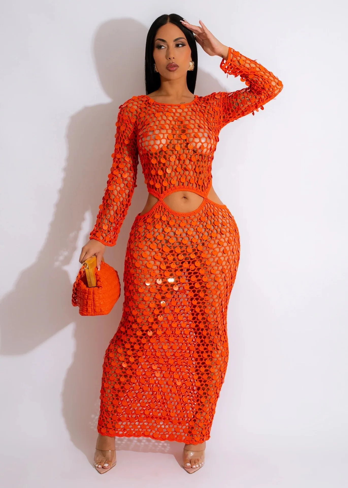 Top Trends: Sexy Shinny Sequined Knitted Long Dress Women Summer 2023 Elegant Hollow Out See Through Club Beach Cover Maxi Dresses Y2K Robe Shoppable Styles