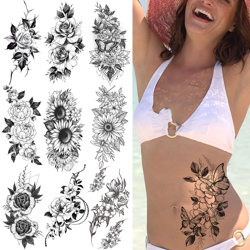 Top Trends: Waterproof Temporary Tattoo Stickers For Women Black Sexy Rose Butterfly Flowers Body Art Tattoo Arm Legs Sleeve Fake Tattoos Shoppable Styles