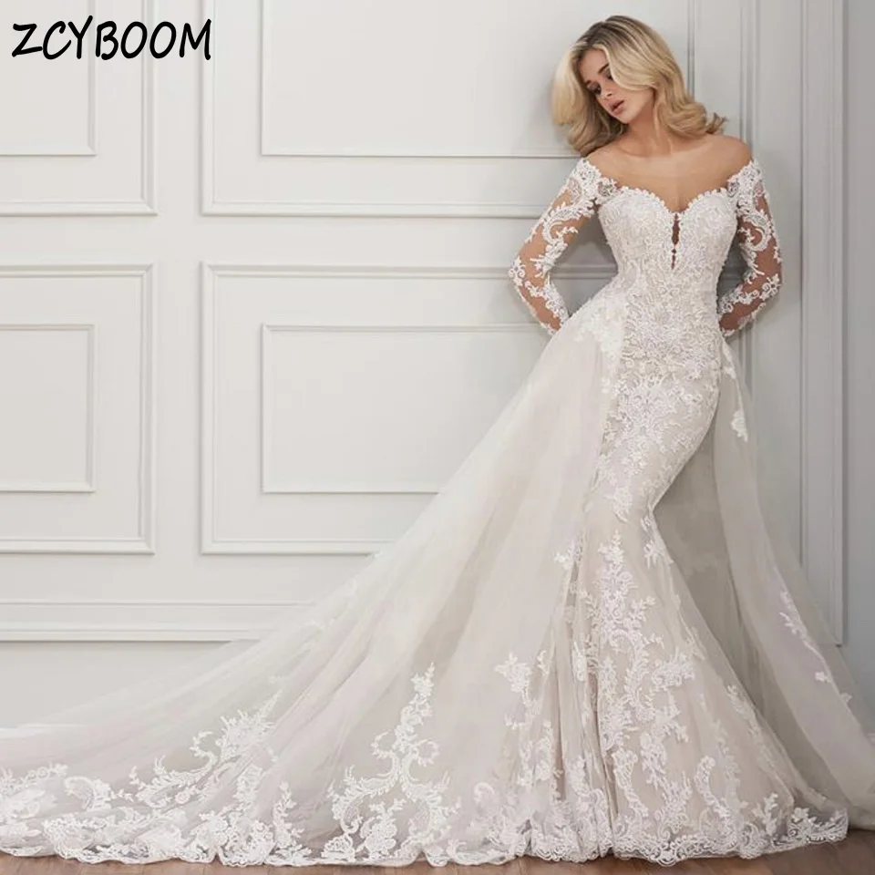 Top Trends: Elegant Lvory O-Neck Appliques Crystal Long Sleeves Wedding Dress 2024 Mermaid Floor Length Detachable Sweep Train Bridal Gown Shoppable Styles