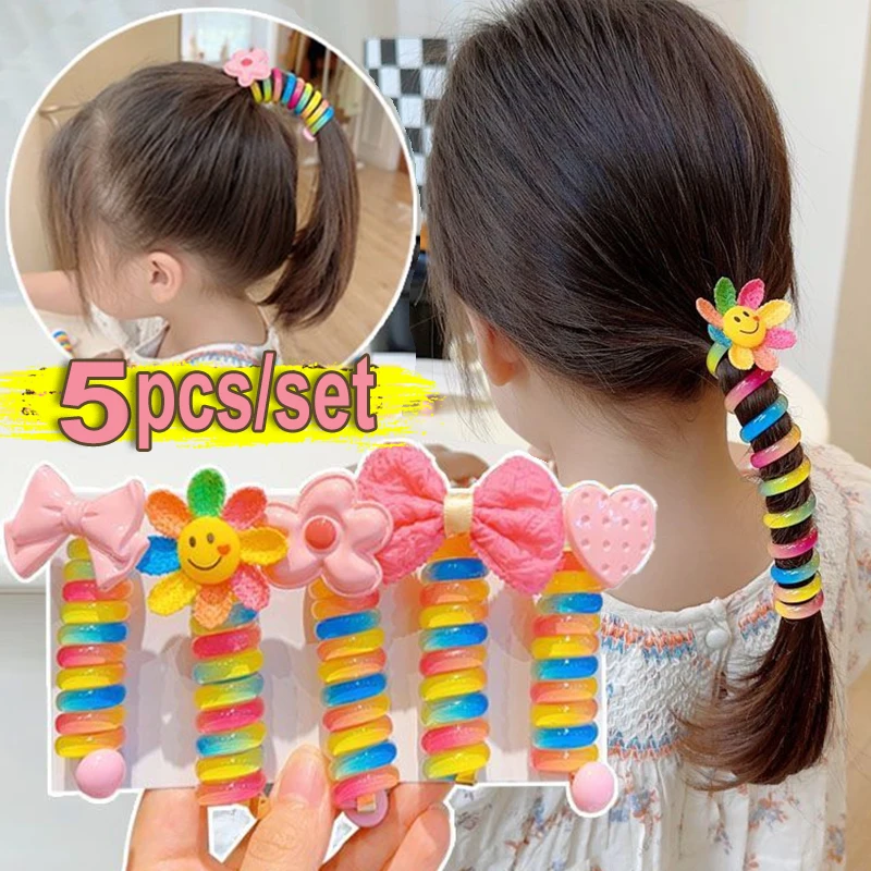 Top Trends: 5pcs Children Kawaii Ponytail Elastic Hair Bands Rubber Hair Ties Bundle Scrunchies Telephone Wire Hair Accessories Headband Shoppable Styles