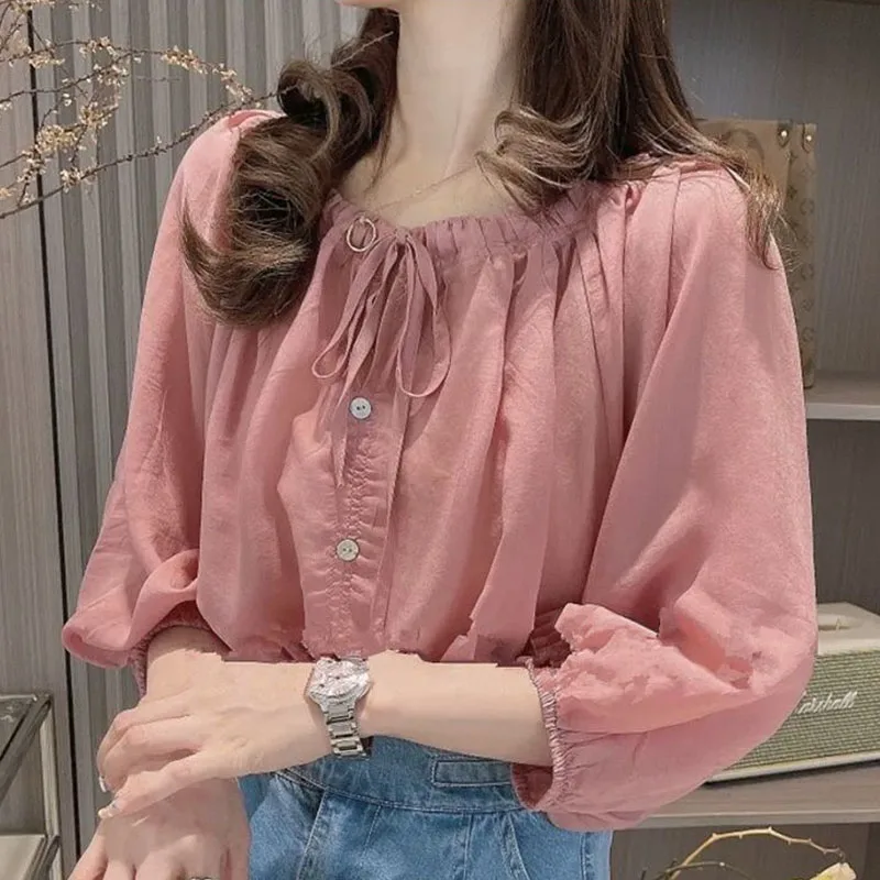 Top Trends: Korean Simplicity Solid Color 3 / 4 Sleeve Blouse For Female Loose All-match Round Neck Lace Up Shirt Summer Women's Clothing Shoppable Styles