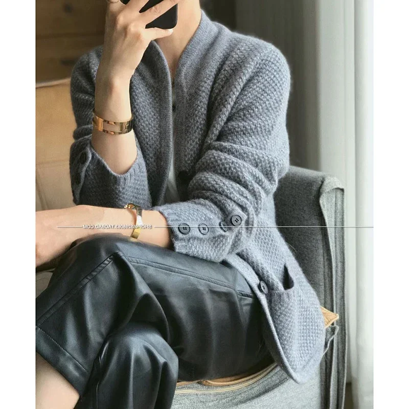 Top Trends: Autumn Winter New Thickened 100% Loose Knit Base Sweater Jacket Pure Cashmere Cardigan Women Stand Neck Sweater Sweater Shoppable Styles