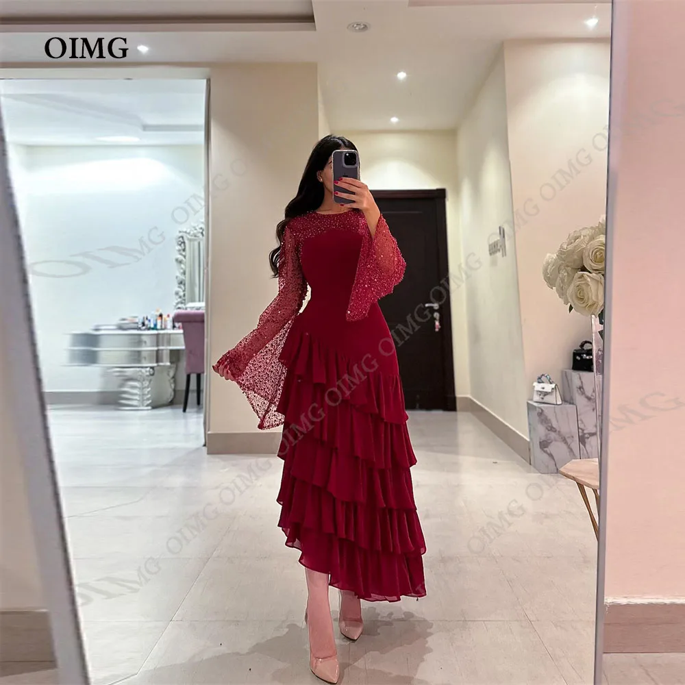 Top Trends: OIMG Wine Red Shiny Sequins Tiered Prom Dresses Full Sleeves Satin Evening Dress Gowns Dubai Saudi Arabia Vestido De Noche Shoppable Styles