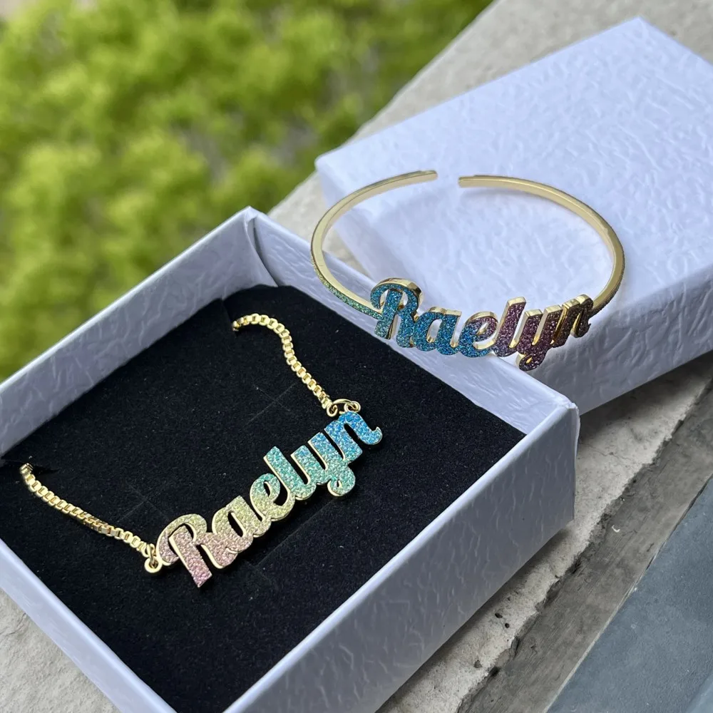 Top Trends: DUOYING Custom Name Necklace Colorful Dainty Glitz Glam Nameplate Bangles Cuff Stainless Steel Gold Jewelry Set For Kids Shoppable Styles