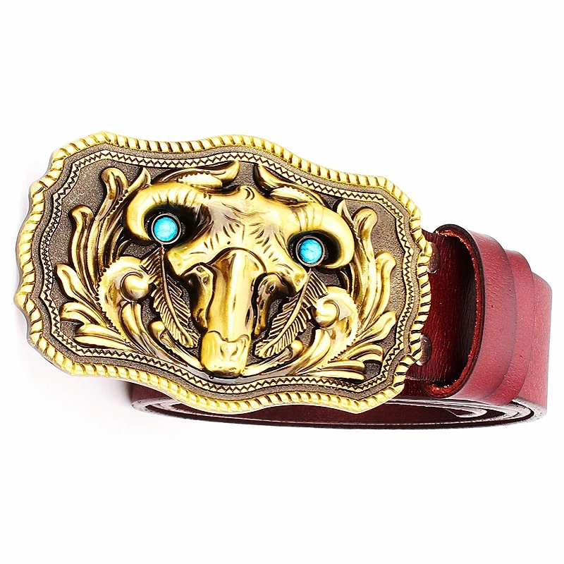 Top Trends: Golden Bull Head Buckle Turquoise Cowskin Leather Belt Fashion Cowboy Wild Western Style Decorative Belt For Men Women Shoppable Styles