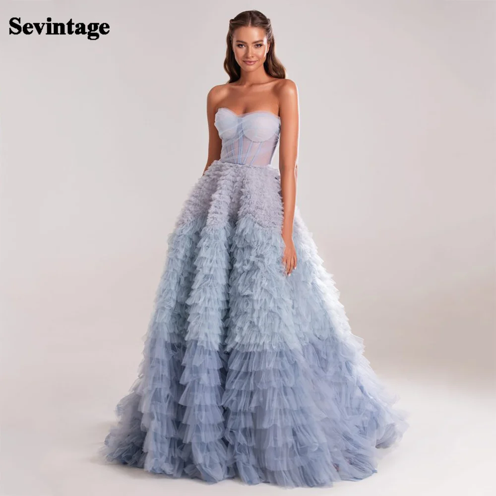 Top Trends: Sevintage Blue Prom Dresses Tiered Ruffles Tulle Pleat Ruched A-Line Backless Saudi Arabic Women Party Evening Gowns 2022 Shoppable Styles