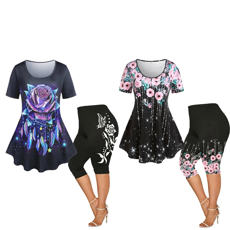 Top Trends: ROSEAGL Plus Size Women Outfits Matching Set 3D Butterfly Floral Printed Colorblock Tees And Capri Leggings Size Too Large Suits Shoppable Styles