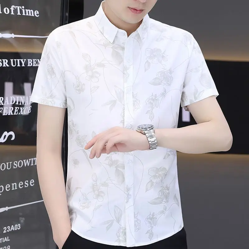 Top Trends: Korean Casual Trend Floral Printed Short Sleeve Shirt For Men Fashion Vintage Polo-Neck Single-breasted Shirt Male Clothes 2023 Shoppable Styles - Image 4