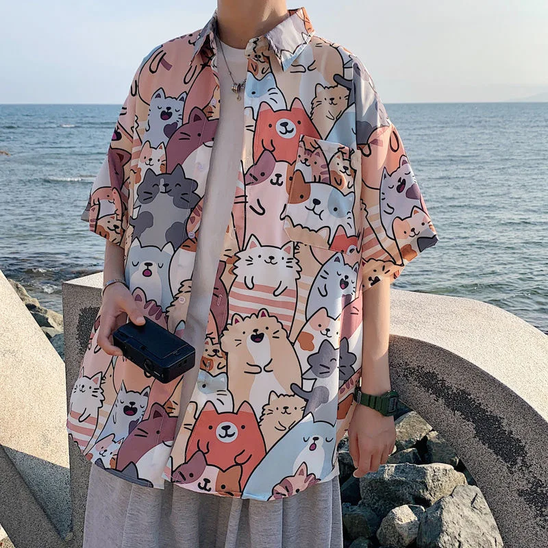 Top Trends: Deeptown Kawaii Button Up Shirt Animal Cat Print Blouse Women Japan Style 2022 Summer Hawaii Graphic Cardigan Casual Cute Tops Shoppable Styles