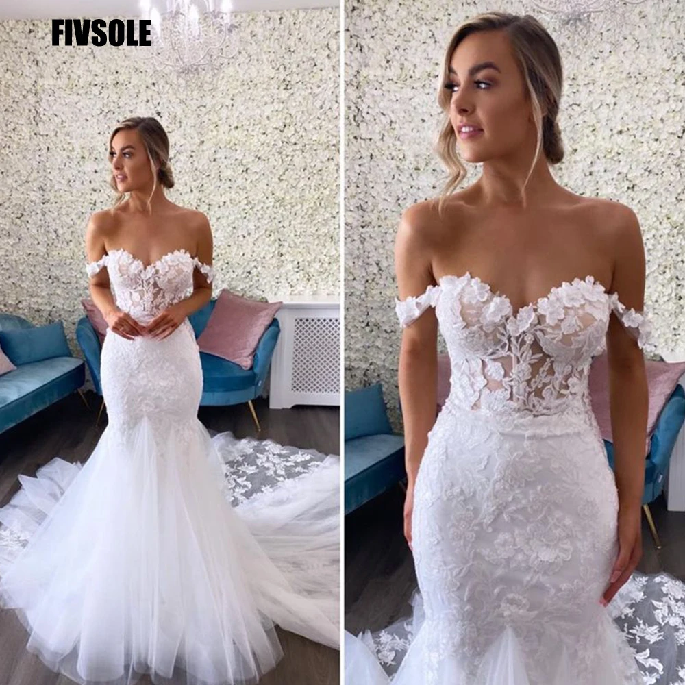 Top Trends: Fivsole Mermaid Tulle Wedding Dresses 2023 Sweetheart Pearls Plus Size Lace Appliques Bride Dress Sweep Train Vestido De Novie Shoppable Styles