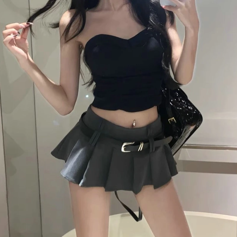 Top Trends: HOUZHOU Sexy Pleated Mini Skirt With Shorts Women Korean High Waist Belt Slim A-line Miniskirt Grey Black School High Street Shoppable Styles