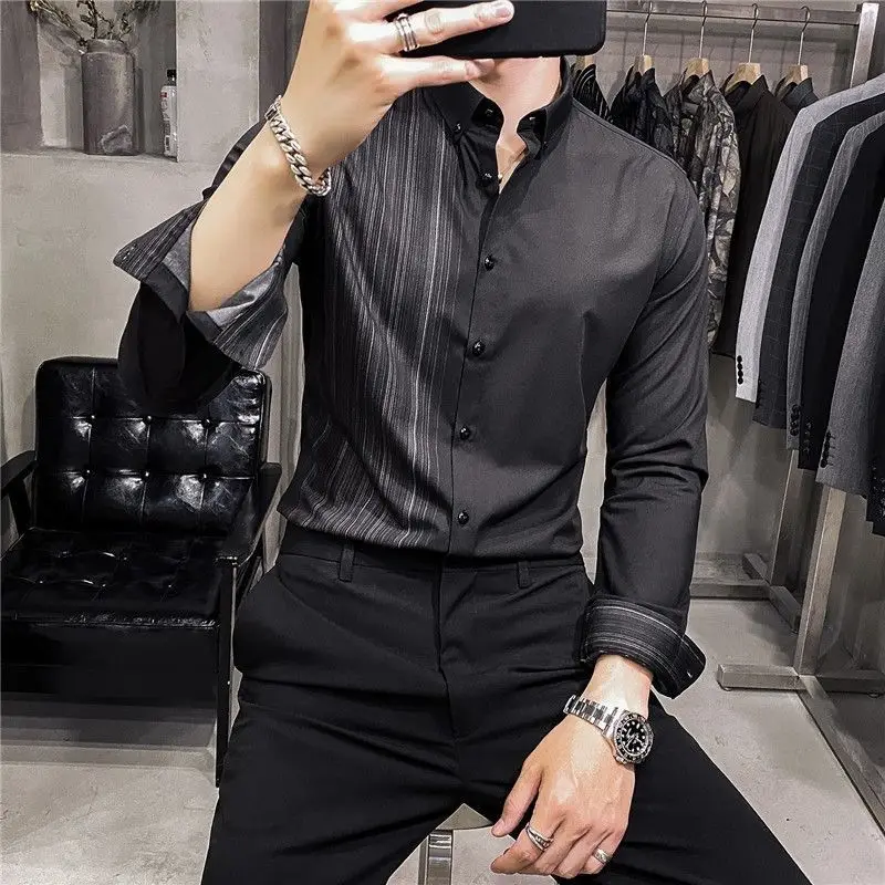 Top Trends: 2023 Spring And Autumn Fashion Korean Edition Polo Collar Vertical Stripe Printing Slim Fit Non Iron Business Casual Men&#039;s Shirt Shoppable Styles