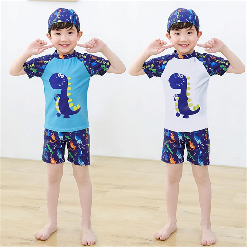 Top Trends: 3Pcs Set Cartoon Print Kids Boys Swimwear Children&#039;s Swimsuit Kids Surfing Suit Swimming Clothes For Boy Beachwear With Hat Shoppable Styles