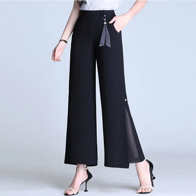 Top Trends: Spring Autumn Office Lady Fashion Wide Leg Pants Patchwork Gauze Women Elastic High Waist Loose Casual Black Straight Trousers Shoppable Styles