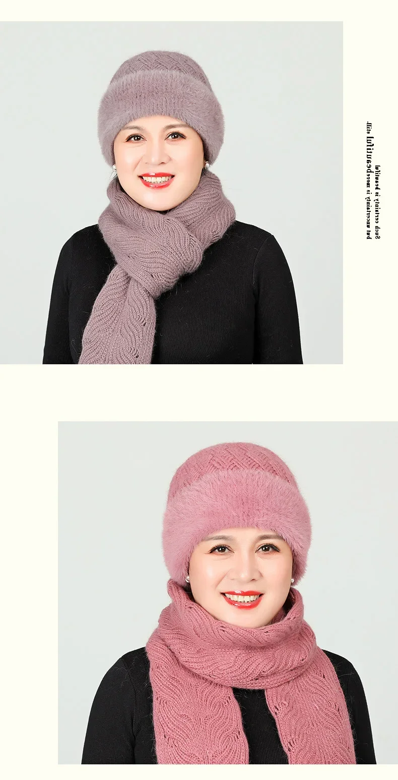 Top Trends: Winter Women Hat Scarf Set Elderly Mother Warm Rabbit Fur Knitted Hats Cashmere Mom Gift Grandma Cap Shoppable Styles - Image 3