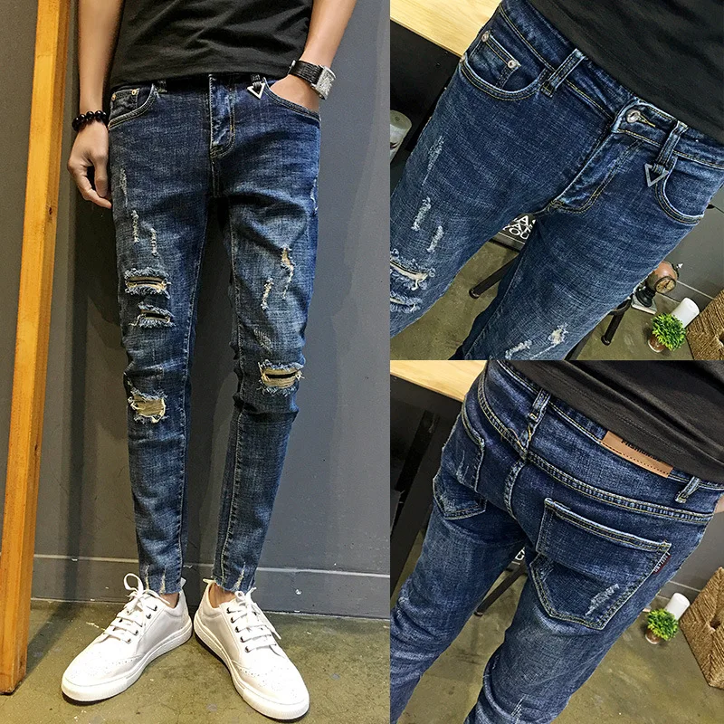 Top Trends: Wholesale 2022 Fashion Denim Pants Men&#039;s Boys Small Feet Ripped Holes Cropped Jeans Thin Men&#039;s Social Men Beggar Pencil Pants Shoppable Styles