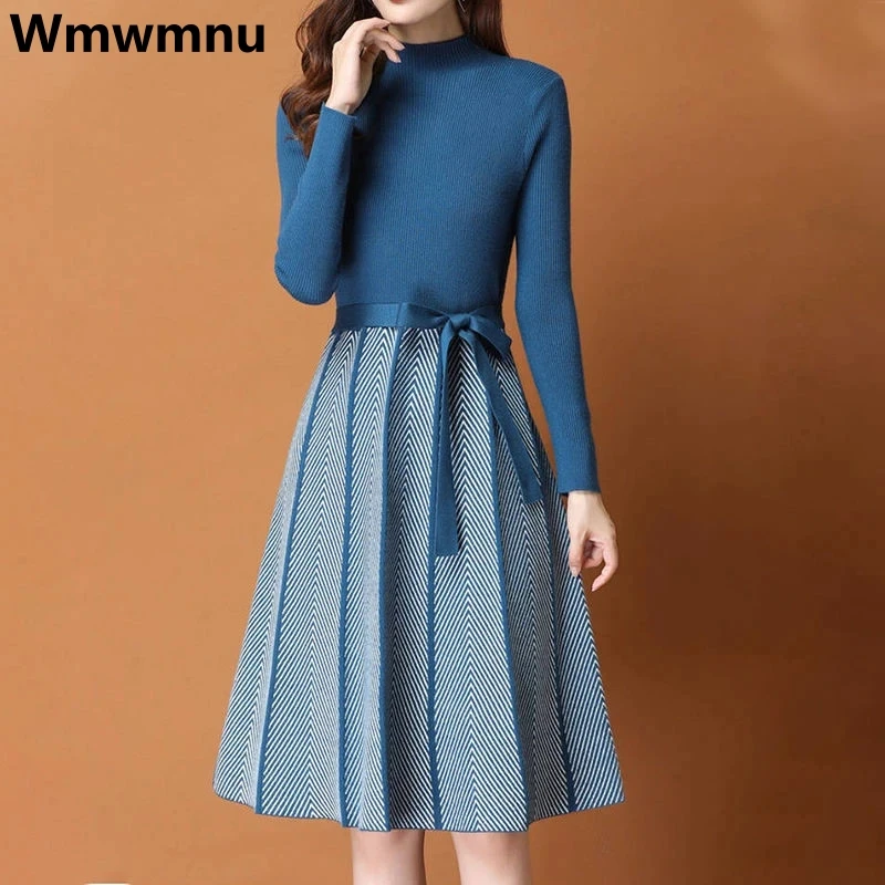 Top Trends: Fall Winter Half Turtleneck Sweater Dress Women Elegant Knitted Dress Korean Midi Pleated Vestidos Patchwork Long Sleeve Elbise Shoppable Styles