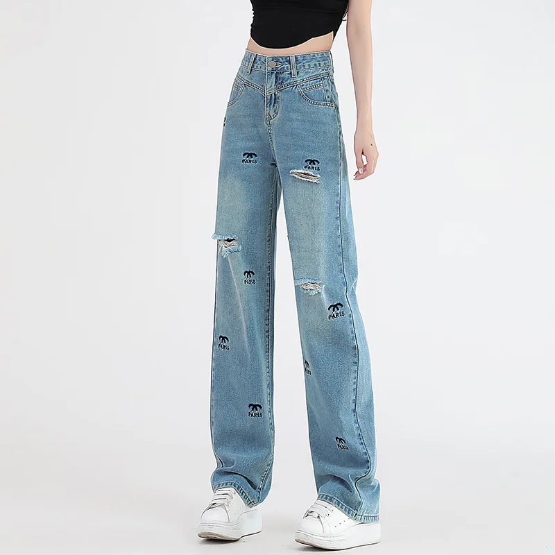 Top Trends: Retro Blue Perforated Straight Barrel Jeans Women's High Waist New Embroidered Narrow Wide Leg Floor Dragging Jeans Pants Shoppable Styles - Image 3