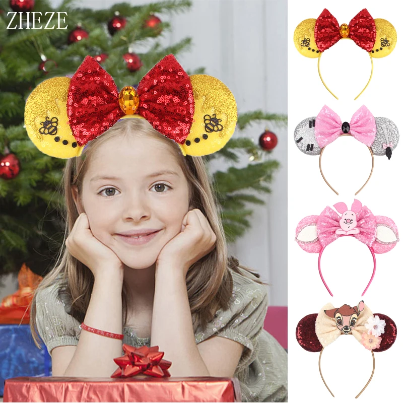 Top Trends: 2023 Disney Winnie The Pooh Ears Headband Sequin Bow Hairband For Girls Boys Festival Party DIY Hair Accessories Gift Boutique Shoppable Styles