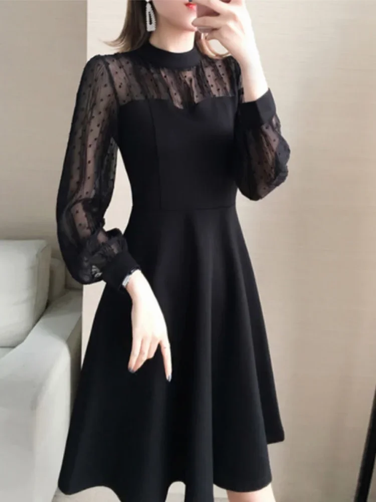 Top Trends: QWEEK Black Lace Dress Women Vintage Elegant Dot Long Sleeve Mini Short Dresses Evening Party 2023 Spring Fashion O-neck Shoppable Styles