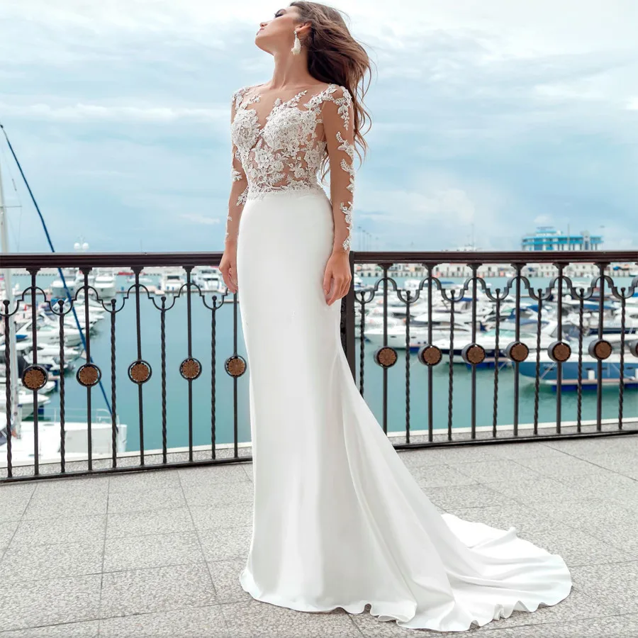 Top Trends: Boho Mermaid Wedding Dresses Long Sleeves Sheer Scoop Neckline Applique Satin Buttons Back Beach Bridal Gowns Sweep Train 2023 Shoppable Styles