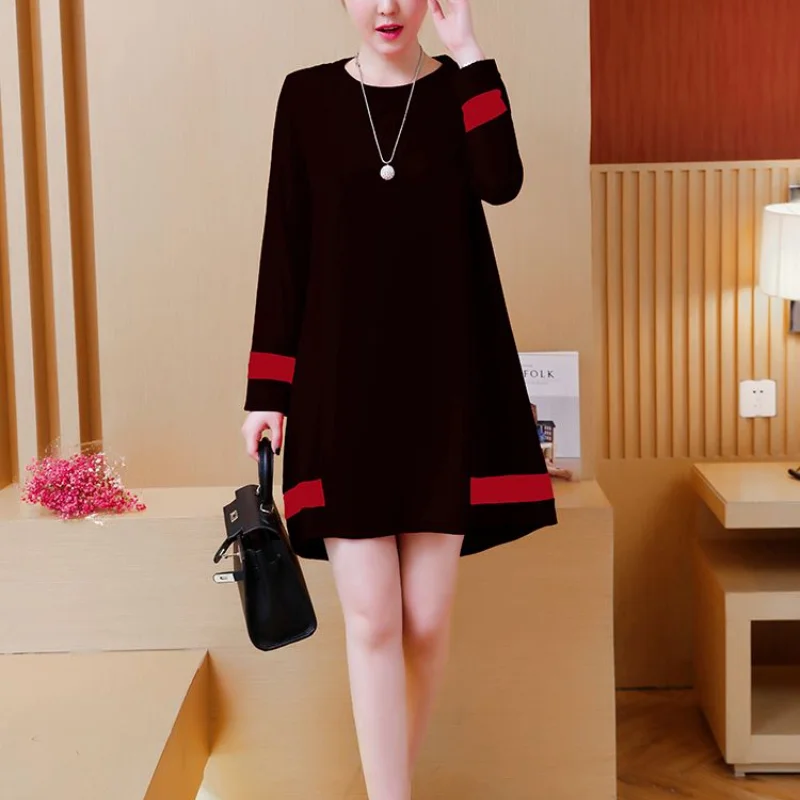 Top Trends: Women Autumn Winter Korean New O-Neck Plus Size Dress Solid Printed Spliced Loose Look Thinner Midi Length Long Sleeve Dress Shoppable Styles