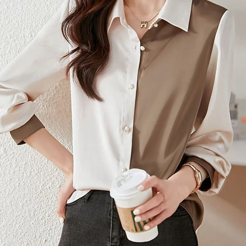 Top Trends: Fashion Turn-down Collar Button Spliced Chiffon Shirt Women's Clothing 2022 Autumn New Casual Tops All-match Office Lady Blouse Shoppable Styles