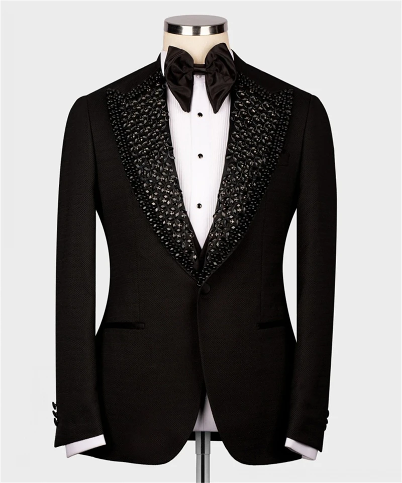 Top Trends: 2PCS Luxury Wedding Tuxedo Black Formal Groom Men Suits Slim Fit Crystals Beaded Male Blazer Pants Tailored Made Prom Party Suit Shoppable Styles