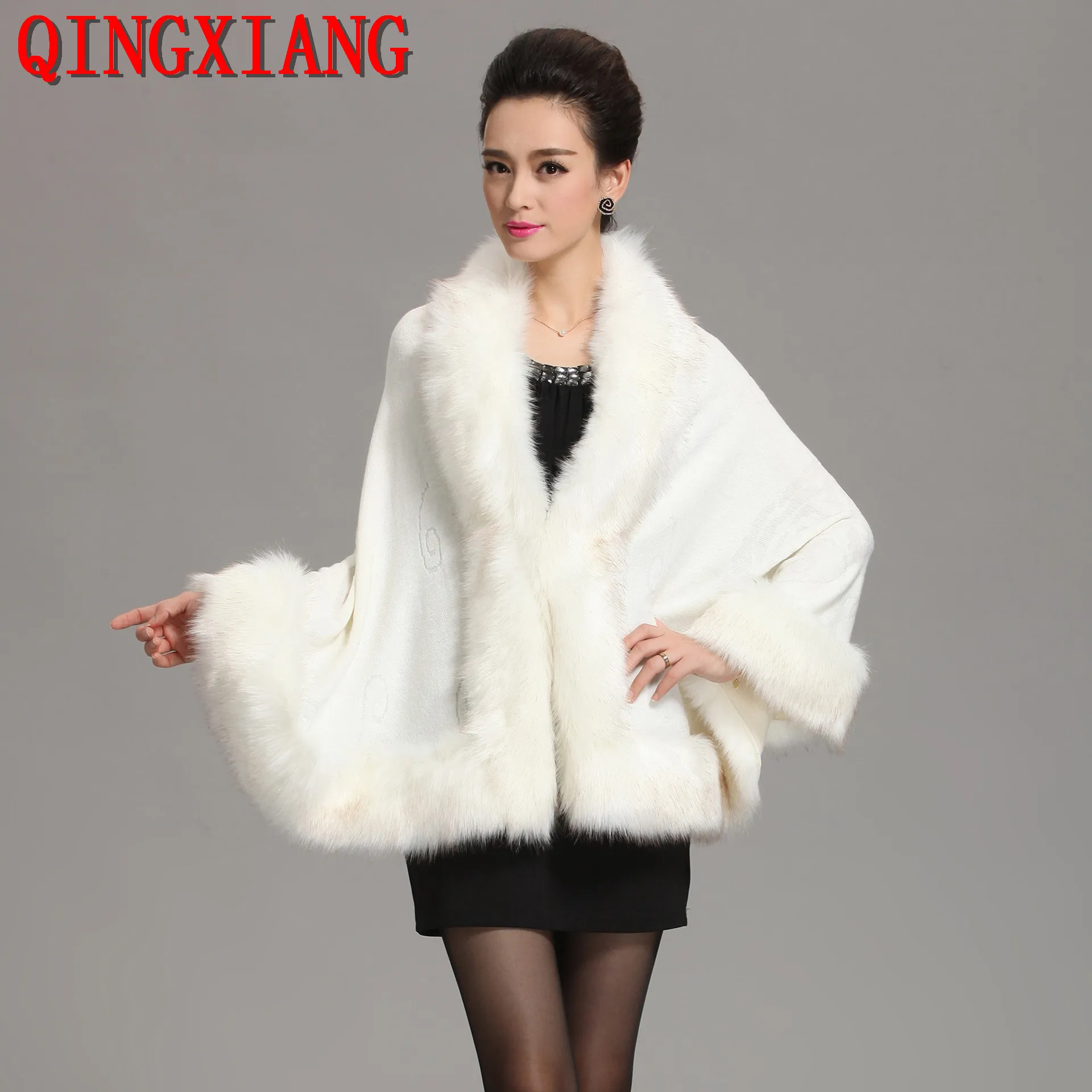 Top Trends: 13 Colors Faux Fox Fur Collar Wool Cashmere Poncho Capes New Winter Women Black White Knitted Cardigan Loose Emboss Shawl Coat Shoppable Styles