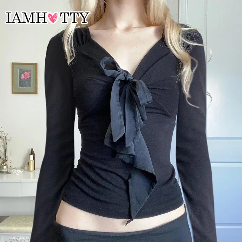 Top Trends: IAMHOTTY Sweet Lace-up Bow V-neck Top Women Autumn Spring Casual Basic T-shirts Cute Fashion Slim Long Sleeve Tops Ladies Tees Shoppable Styles