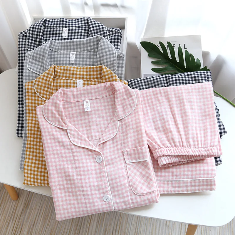 Top Trends: Japanese New Couple Pajamas, Long-sleeved Trousers, Two-piece 100% Cotton Gauze Simple Plaid Home Service Suit For Men And Women Shoppable Styles